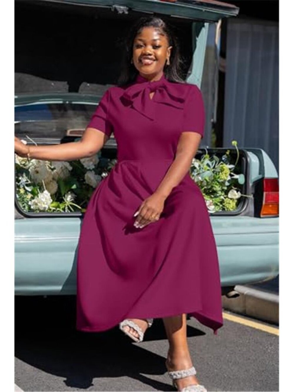 Women's Elegant Casual Short Sleeve A-Line Dress with Pockets - Picture 5 of 5